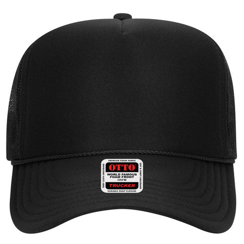 Otto Cap 5 Panel High Crown Mesh Back Trucker Hat - Black
