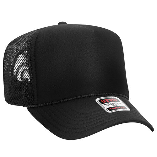 Otto Cap 5 Panel High Crown Mesh Back Trucker Hat - Black