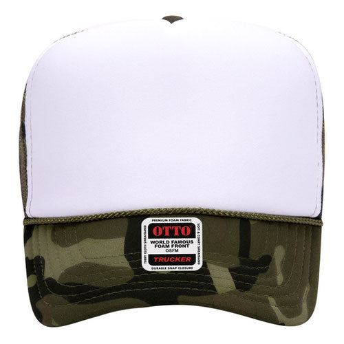 Otto Cap 5 Panel High Crown Mesh Back Trucker Hat - White & Camouflage