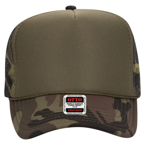 Otto Cap 5 Panel High Crown Mesh Back Trucker Hat - Olive & Camouflage