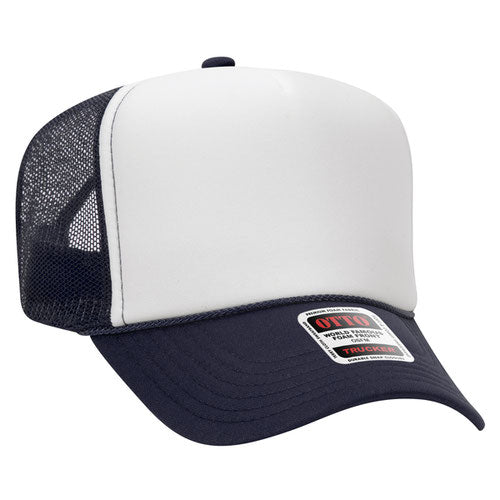 Otto Cap 5 Panel High Crown Mesh Back Trucker Hat - Navy & White