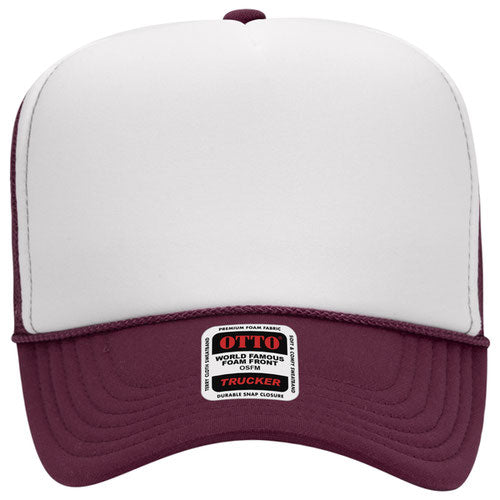 Otto Cap 5 Panel High Crown Mesh Back Trucker Hat - Maroon & White