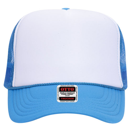 Otto Cap 5 Panel High Crown Mesh Back Trucker Hat - Neon Blue & White
