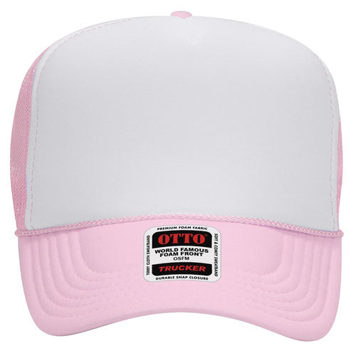 Otto Cap 5 Panel High Crown Mesh Back Trucker Hat - Soft Pink & White