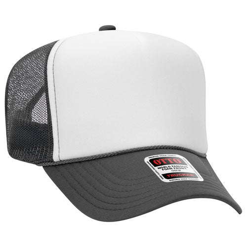 Otto Cap 5 Panel High Crown Mesh Back Trucker Hat - Charcoal Gray & White