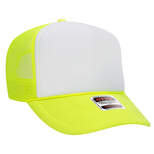Otto Cap 5 Panel High Crown Mesh Back Trucker Hat - Neon Yellow & White