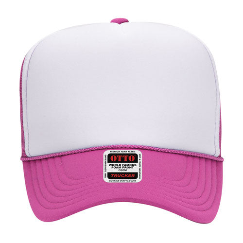 Otto Cap 5 Panel High Crown Mesh Back Trucker Hat - Hot Pink & White