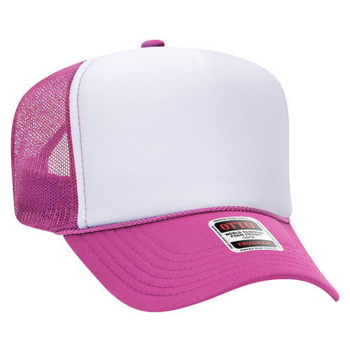 Otto Cap 5 Panel High Crown Mesh Back Trucker Hat - Hot Pink & White