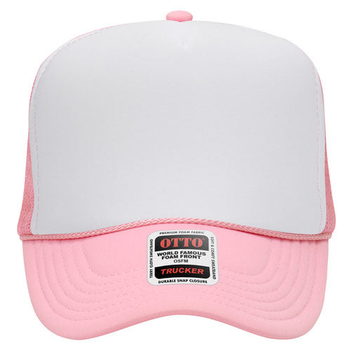 Otto Cap 5 Panel High Crown Mesh Back Trucker Hat - Pink & White