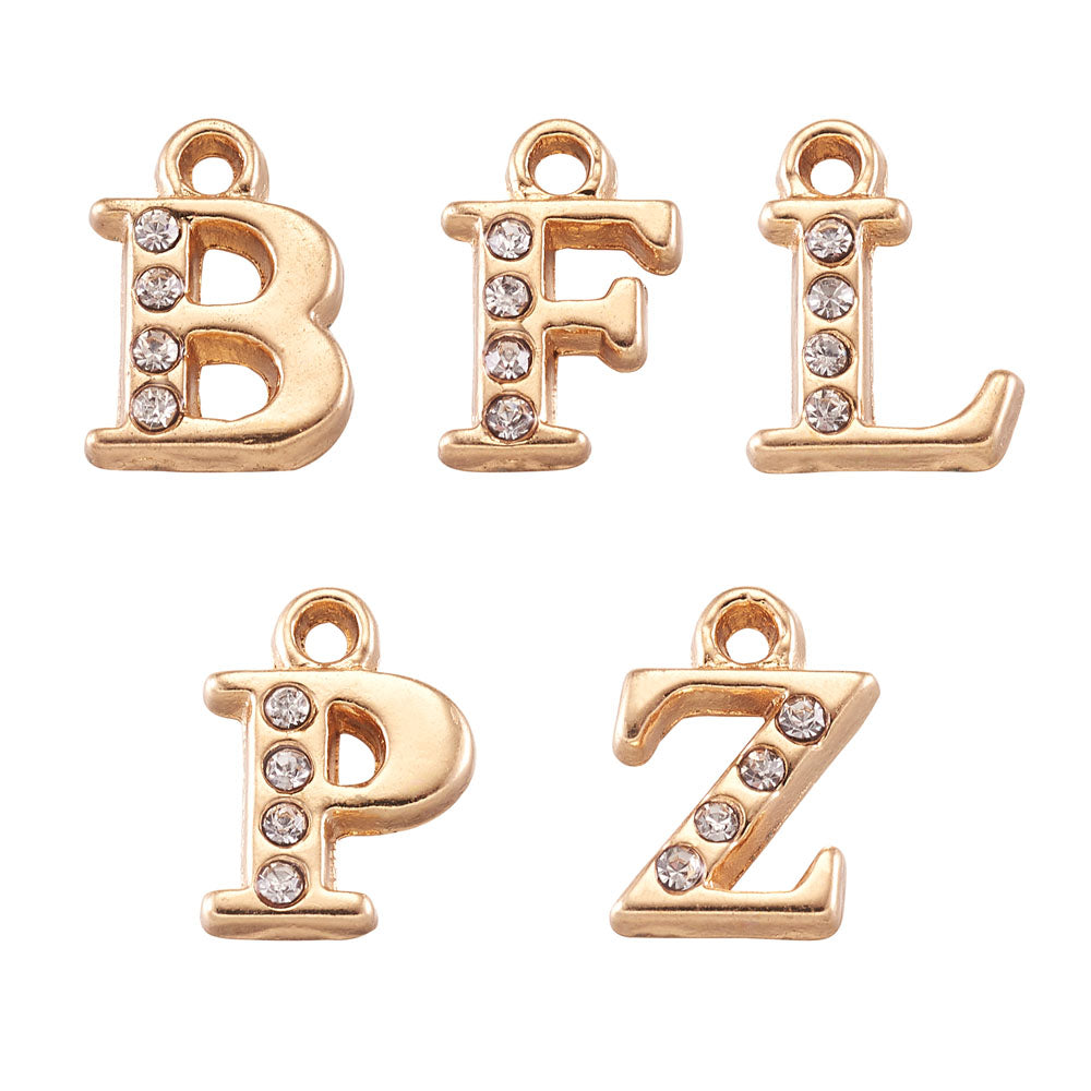 Gold Alloy Rhinestone Initial Letter Charm Full Set