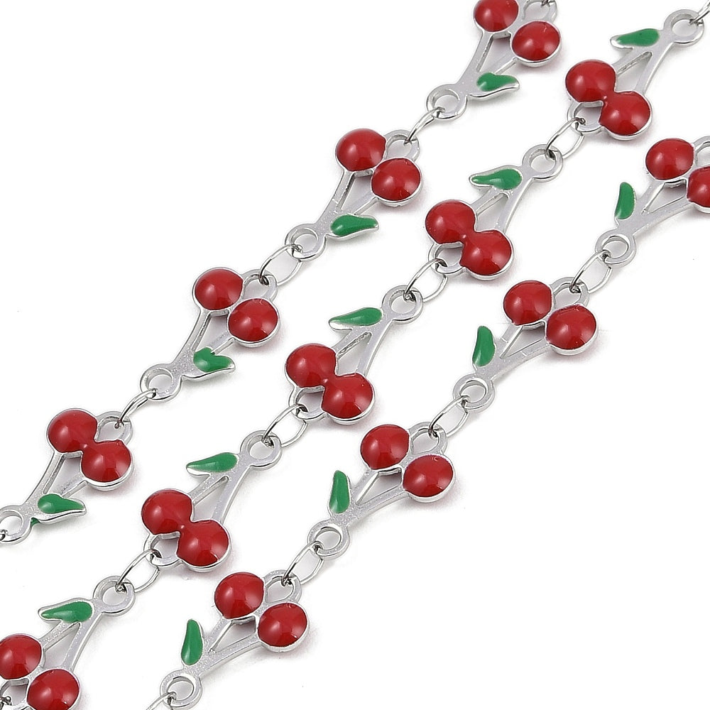 Cherry Baby Enamel Silver Link Chain By the Foot - Stainless Steel