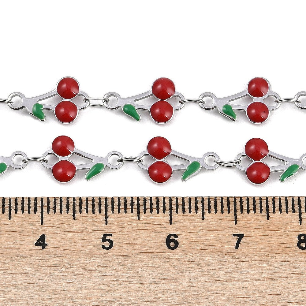 Cherry Baby Enamel Silver Link Chain By the Foot - Stainless Steel