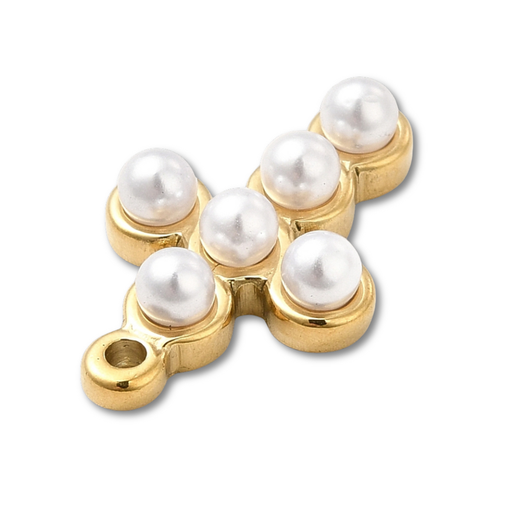 18k Gold PVD Stainless Steel Pearl Cross Charm
