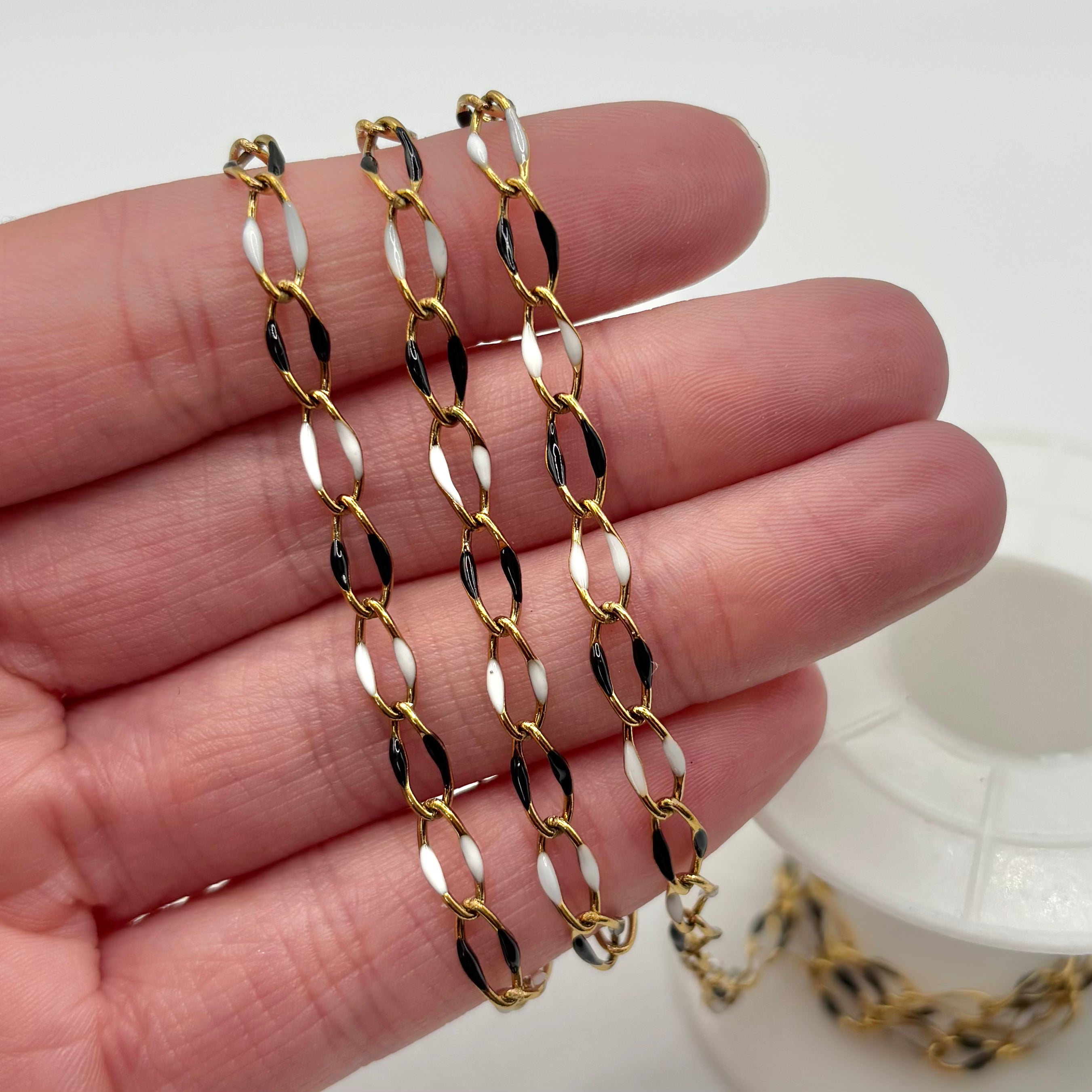 Ion Plated Stainless Steel Black and White Enamel Chain By the Foot