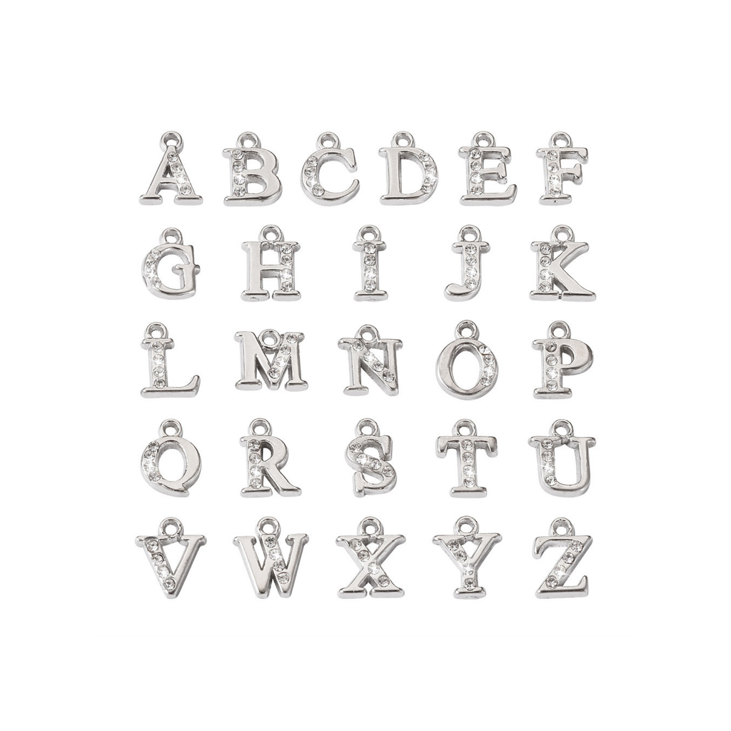 Silver Alloy Rhinestone Initial Letter Charm Full Set