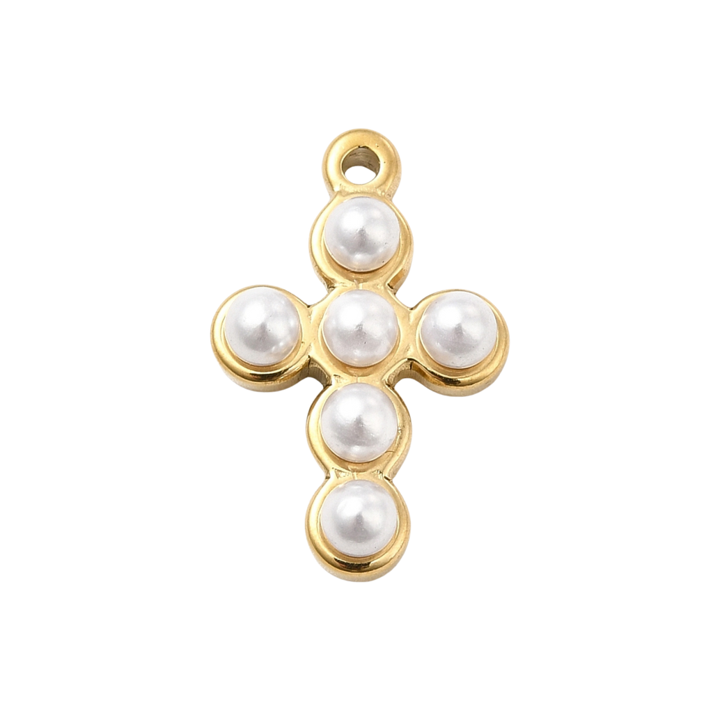 18k Gold PVD Stainless Steel Pearl Cross Charm