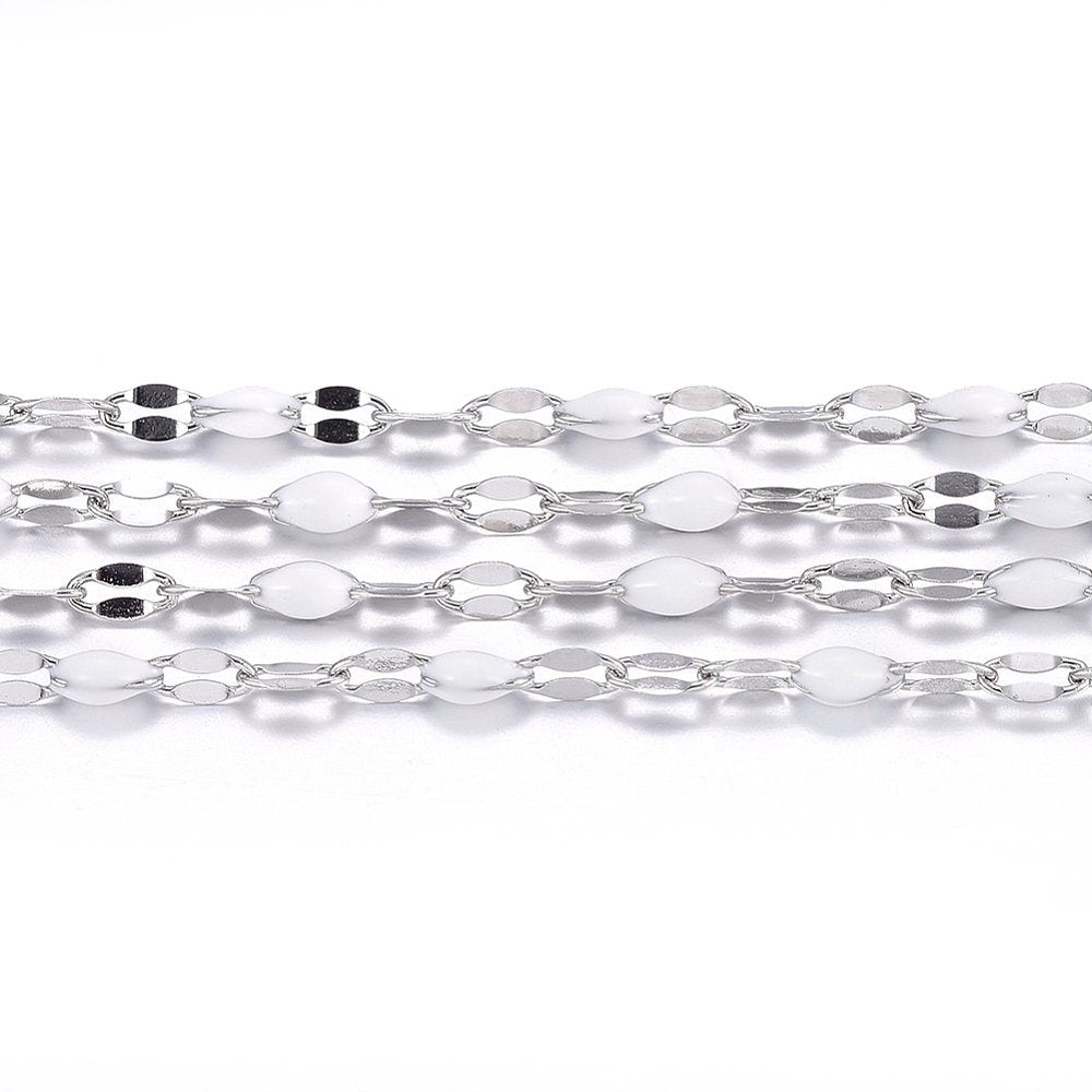 White Enamel Dapped Silver Chain By the Foot - Stainless Steel